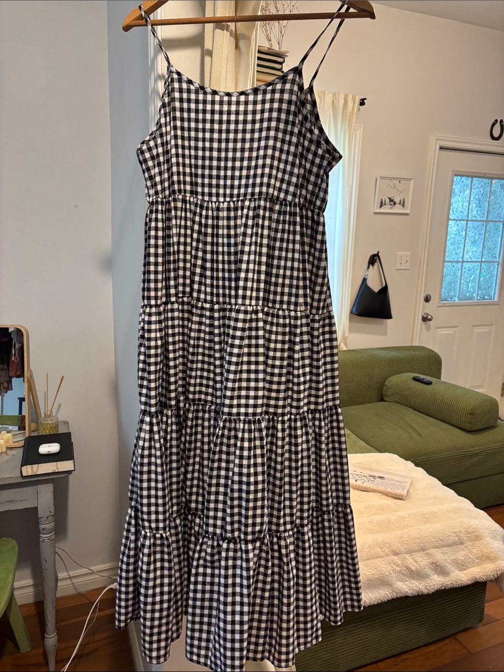 Black & White Gingham Tiered Maxi Dress with Spaghetti Straps